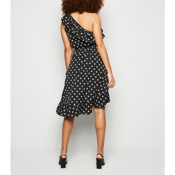 One Shoulder Ruffle Cute Polka Dot Elastic Waist Hi-Lo Flowy Dress SIZE L NEW - Picture 6 of 16
